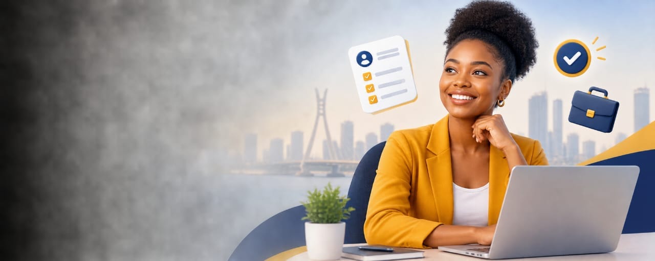 Smiling job seeker at a laptop